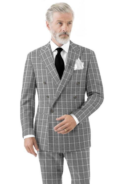 Two Piece Double Breast Grey Windowpane Suit