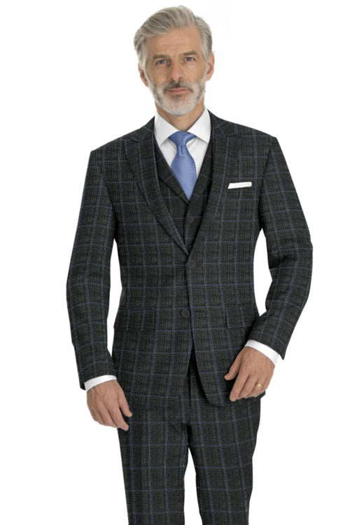 Two or Three-Piece Grey Blue Windowpane Suit