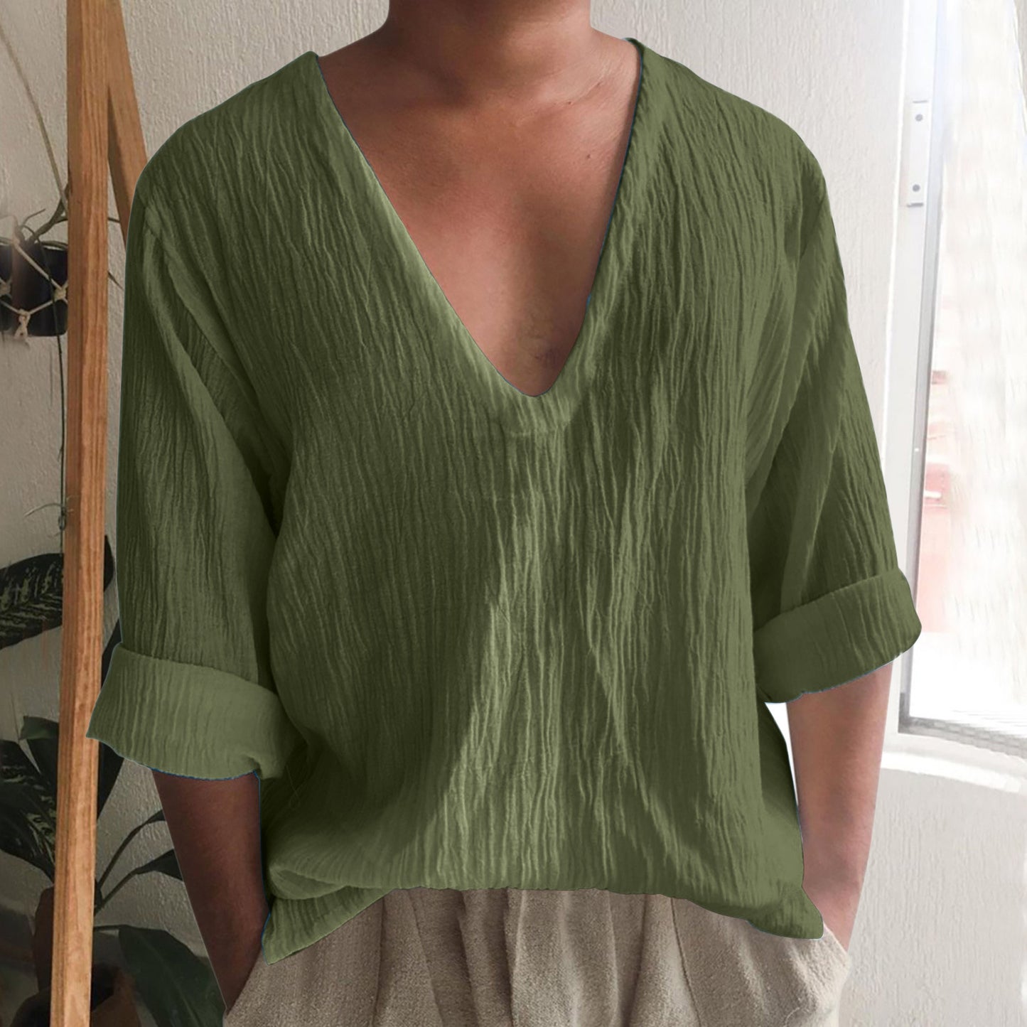 Loose Deep V Neck Island Shirt