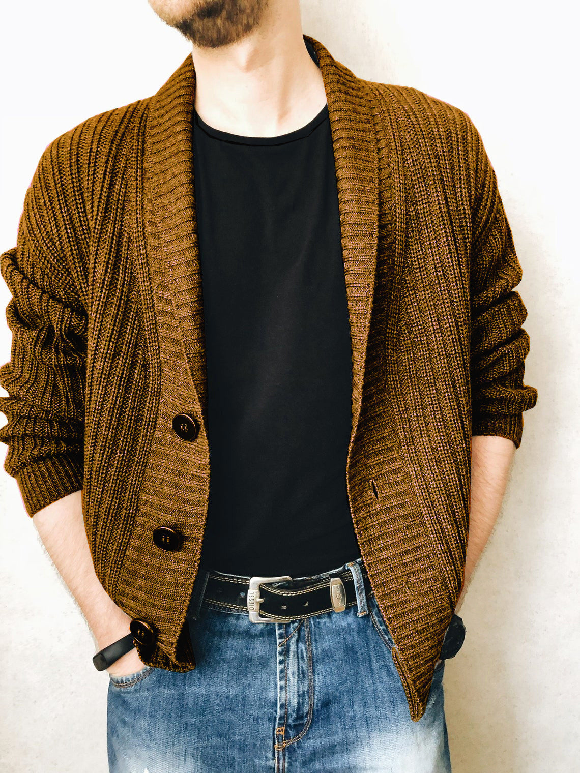 Solid Shawl Collar Button Knitted Cardigan