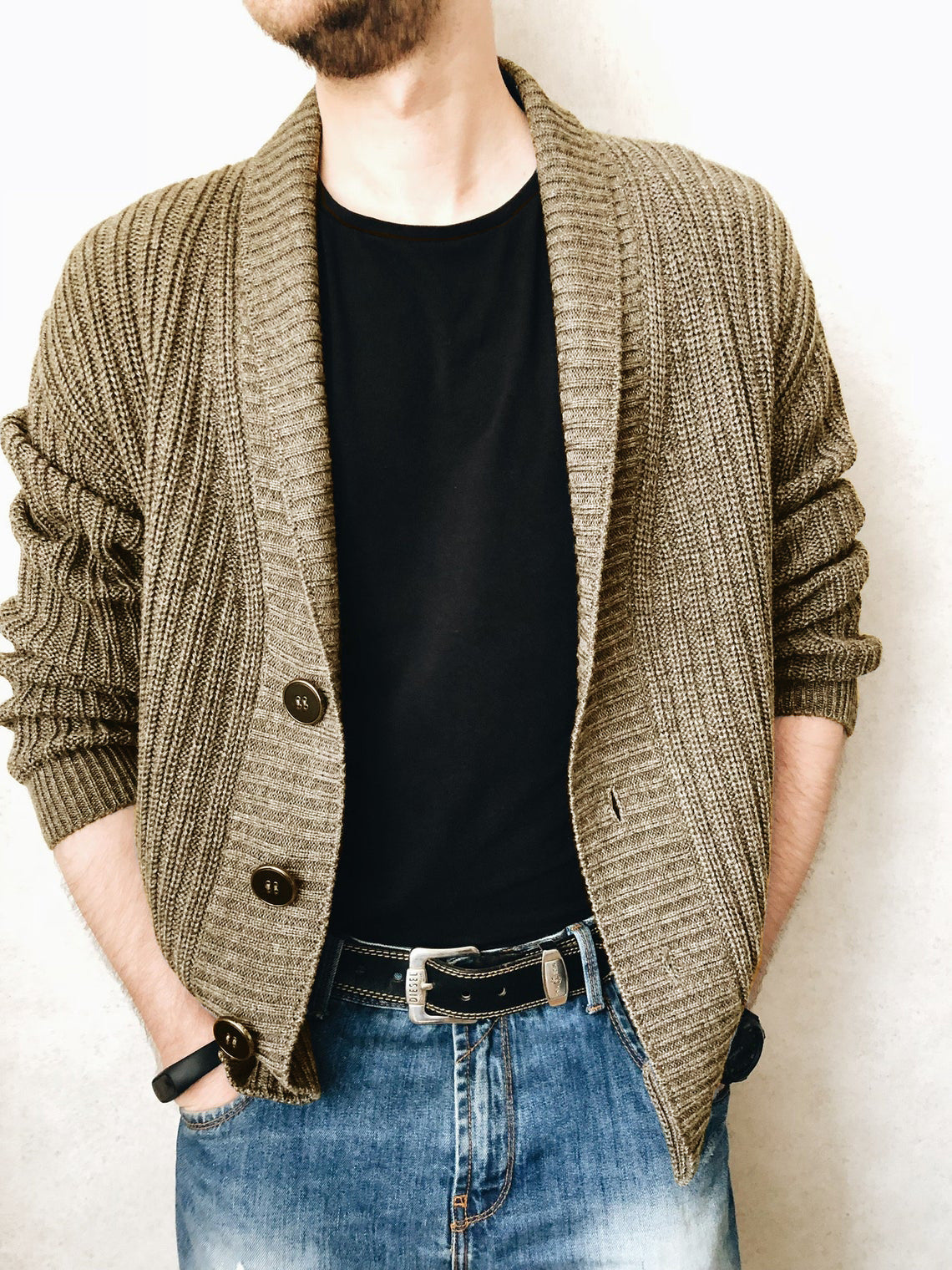 Solid Shawl Collar Button Knitted Cardigan