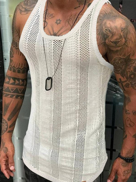 Men's Thin Sleeveless White Mesh Hollow Sports Tank Top