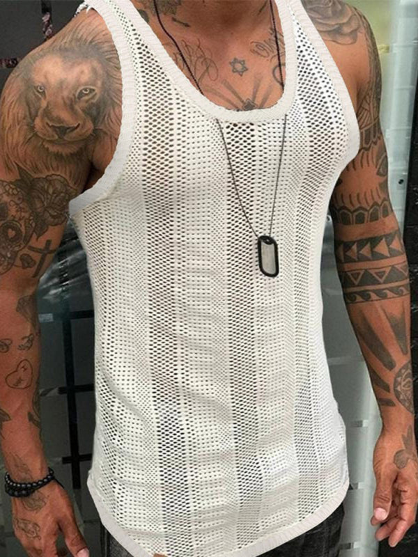 Men's Thin Sleeveless White Mesh Hollow Sports Tank Top