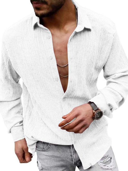 New Men's Solid Color Casual Lapel Long Sleeve Shirt