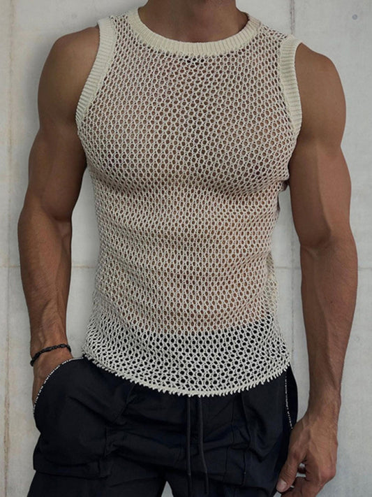 Men's Solid Color Round Neck Sleeveless Hollow Knitted Tank