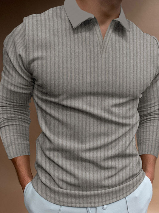 Men's stretch vertical strip long-sleeve V-neck polo