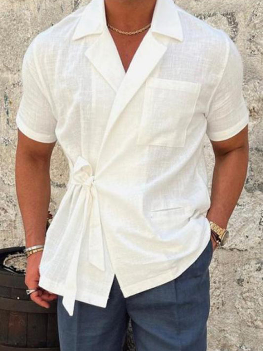 Men's solid color suit lace short -sleeved shirt