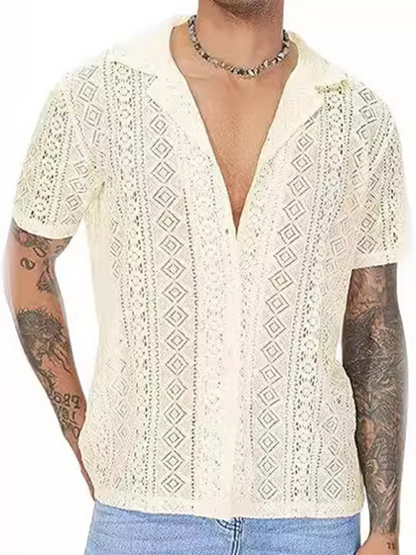 Lace floral button hollow see-through short-sleeved shirt