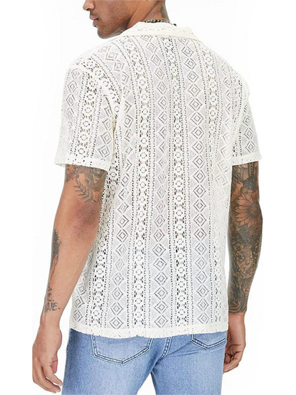 Lace floral button hollow see-through short-sleeved shirt