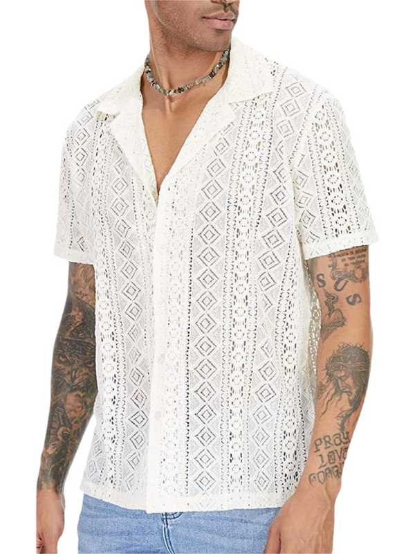 Lace floral button hollow see-through short-sleeved shirt