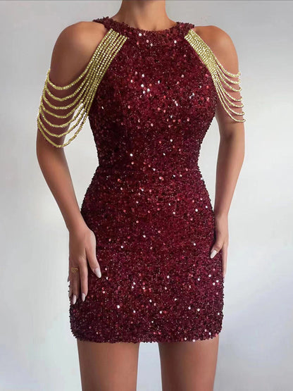 Sequined Chain Beads Bodycon Party Dress