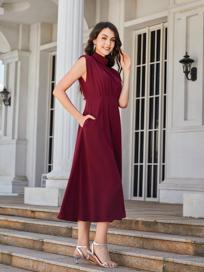 Ruched Mock Neck Cap Sleeve Midi Dress