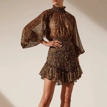 The Victorian Collar Puff Sleeve Leopard Print Dress