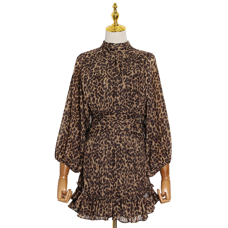 The Victorian Collar Puff Sleeve Leopard Print Dress