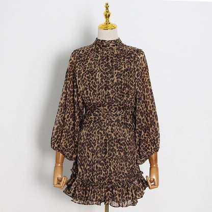 The Victorian Collar Puff Sleeve Leopard Print Dress