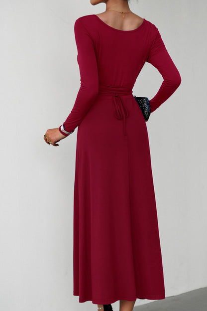 Scoop Neck Long Sleeve Lace-Up Maxi Dress