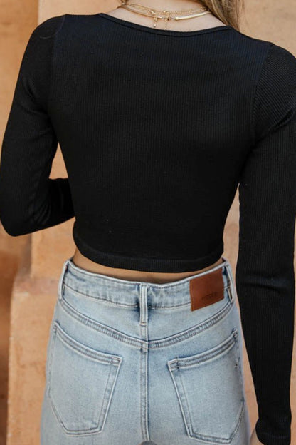 Notched Neck Long Sleeve Cropped Top
