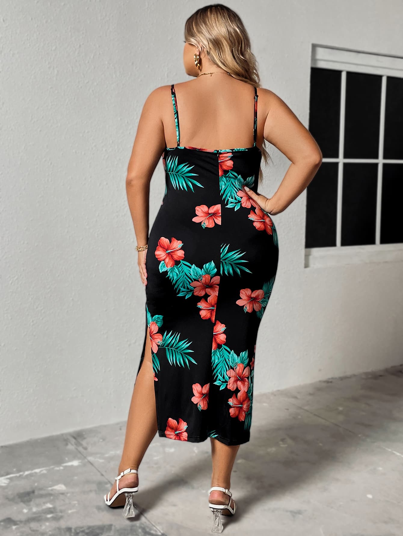 Floral Spaghetti Strap Ruffled Slit Dress