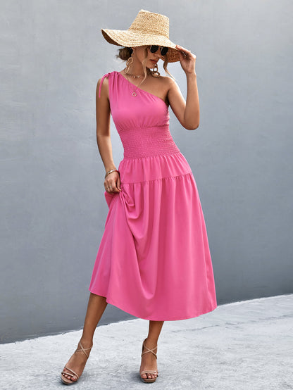 Asymmetrical One Shoulder Smocked Waist Midi Dress