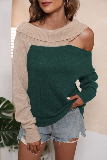 Asymmetrical Long Sleeve Two-Tone Cutout Sweater