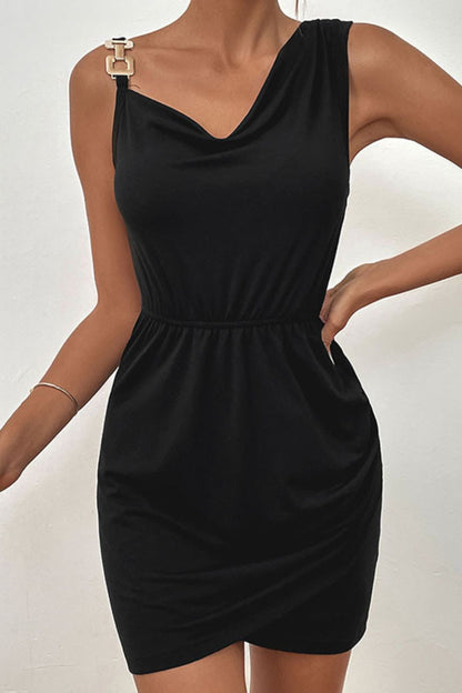 Asymmetrical Neck Sleeveless Tulip Hem Dress