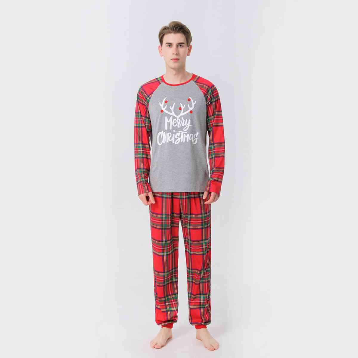 Men MERRY CHRISTMAS Graphic Top and Plaid Pants Set