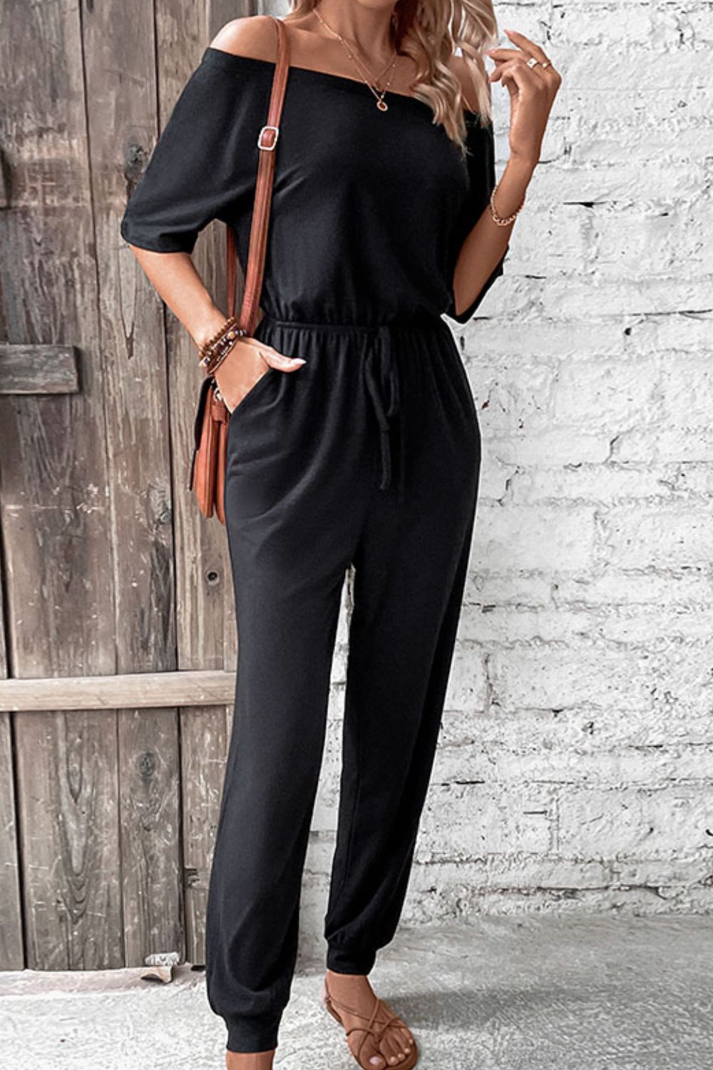 Off-Shoulder Jumpsuit with Pockets