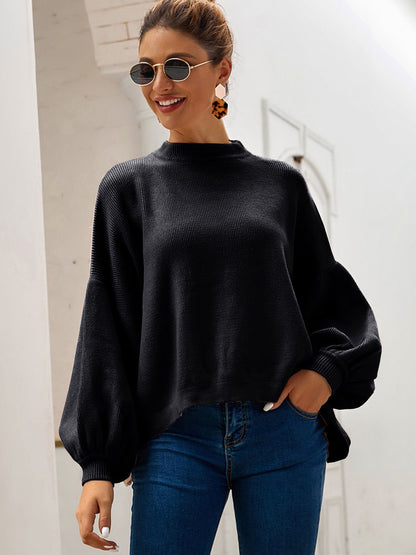 Round Neck Dropped Shoulder Lantern Sleeve Sweater