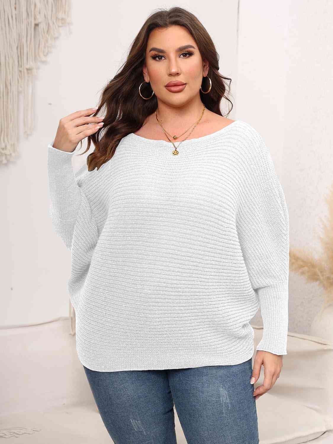 Full Size Boat Neck Batwing Sleeve Sweater