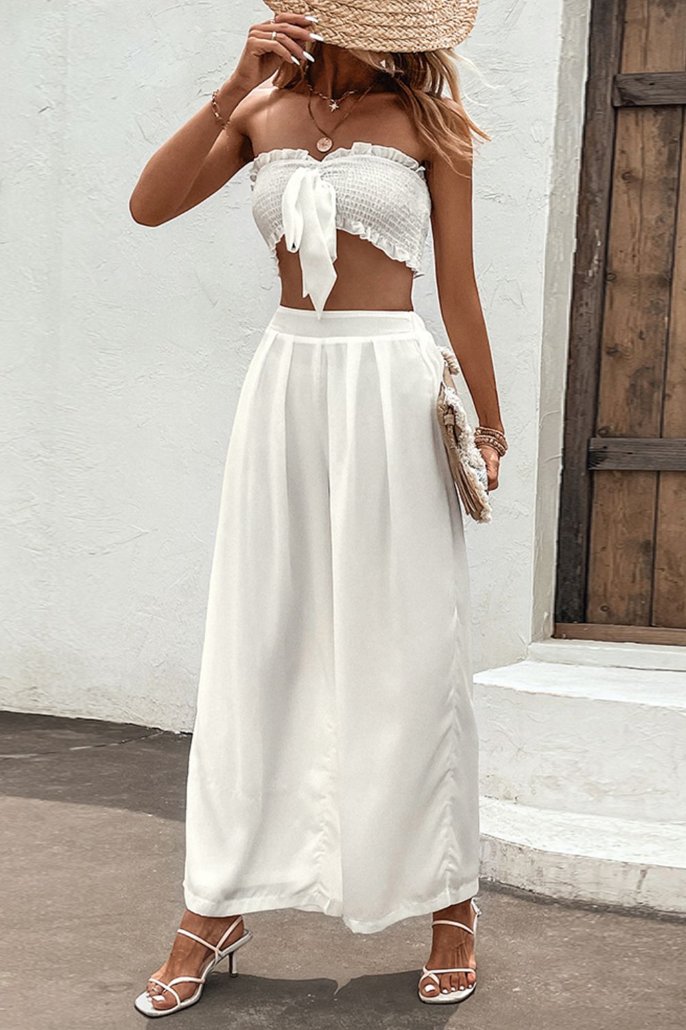 Smocked Tube Top and Wide Leg Pants Set