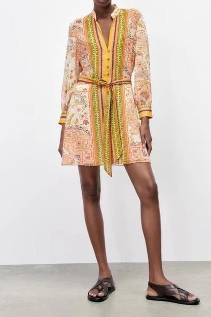 The Moracco V-neck Long Sleeve Breasted Multicolor Belted Dress