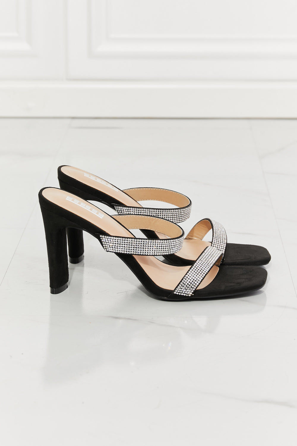 Rhinestone Block Heel Sandal in Black