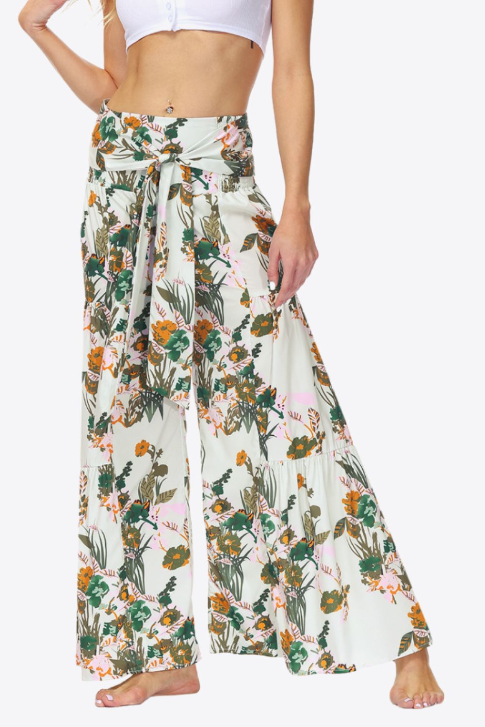 Floral Tie-Waist Tiered Culottes