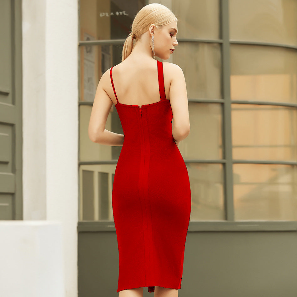 The Split Red Spaghetti Strap Mid-Length Dress