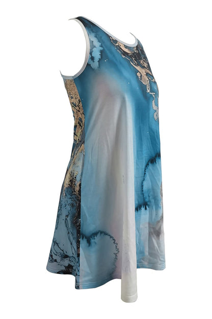 Abstract Print Round Neck Sleeveless Dress with Pockets