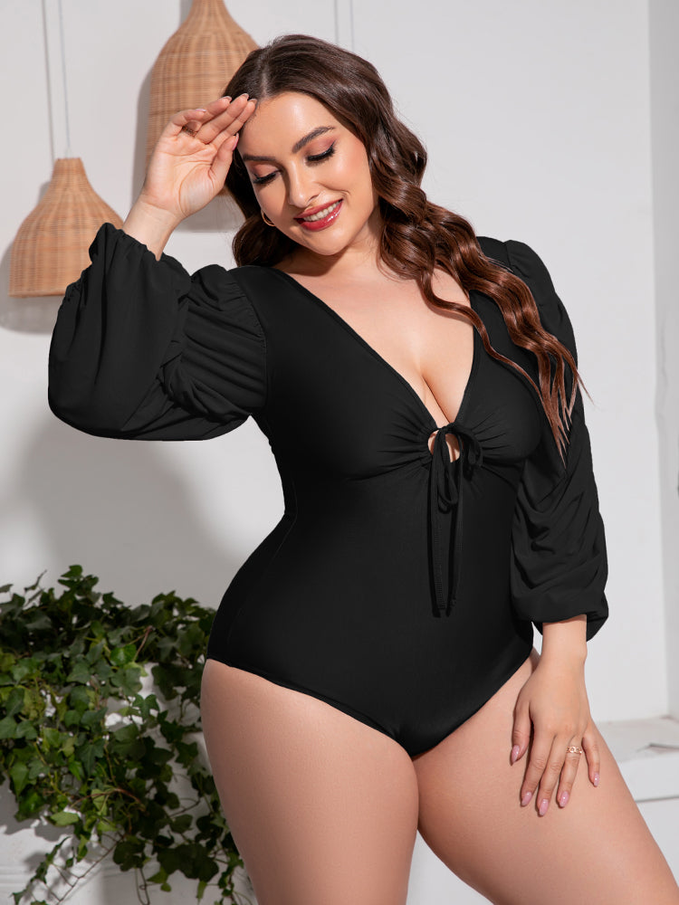 Tied Deep V Balloon Sleeve One-Piece Swimsuit