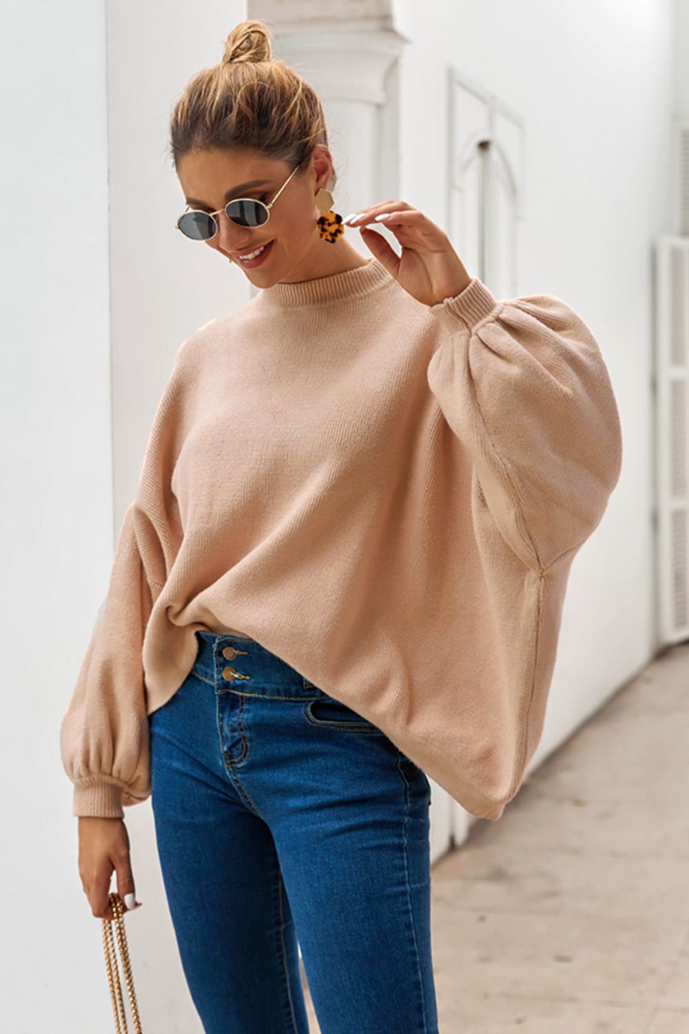 Round Neck Dropped Shoulder Lantern Sleeve Sweater