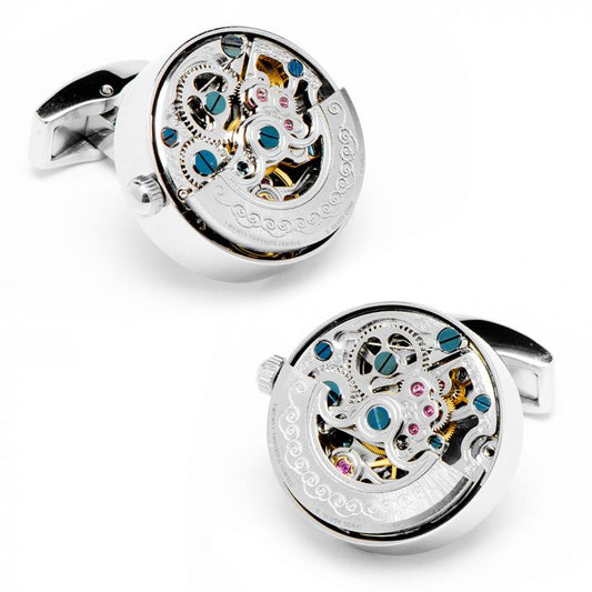 Silver Stainless Steel Kinetic Watch Movement Cufflinks