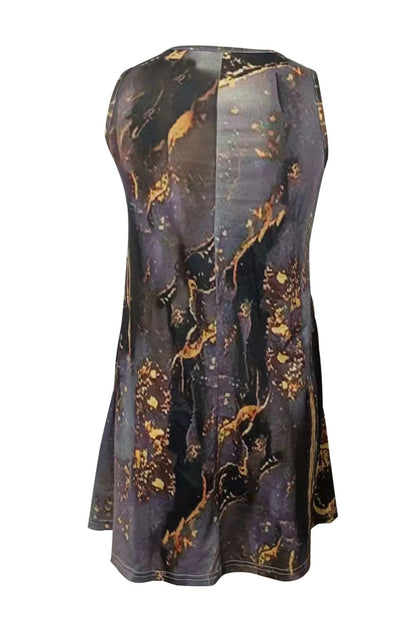 Abstract Print Round Neck Sleeveless Dress with Pockets