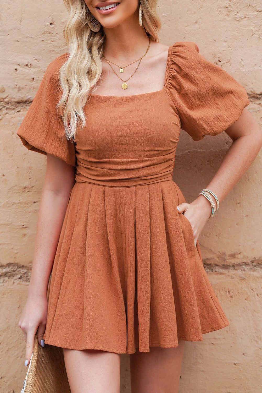 Square Neck Pleated Dress with Pockets