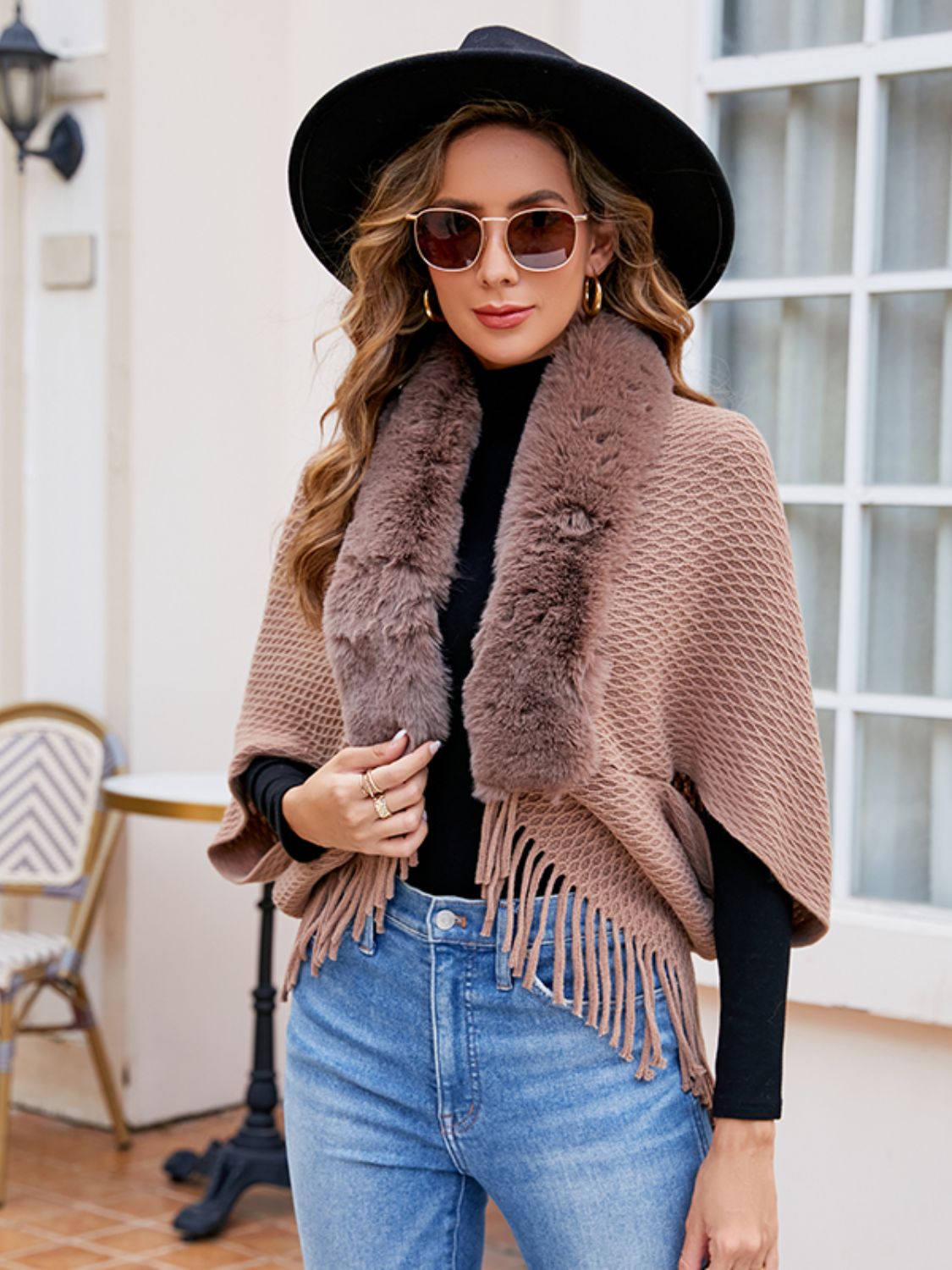 Open Front Fringe Hem Poncho