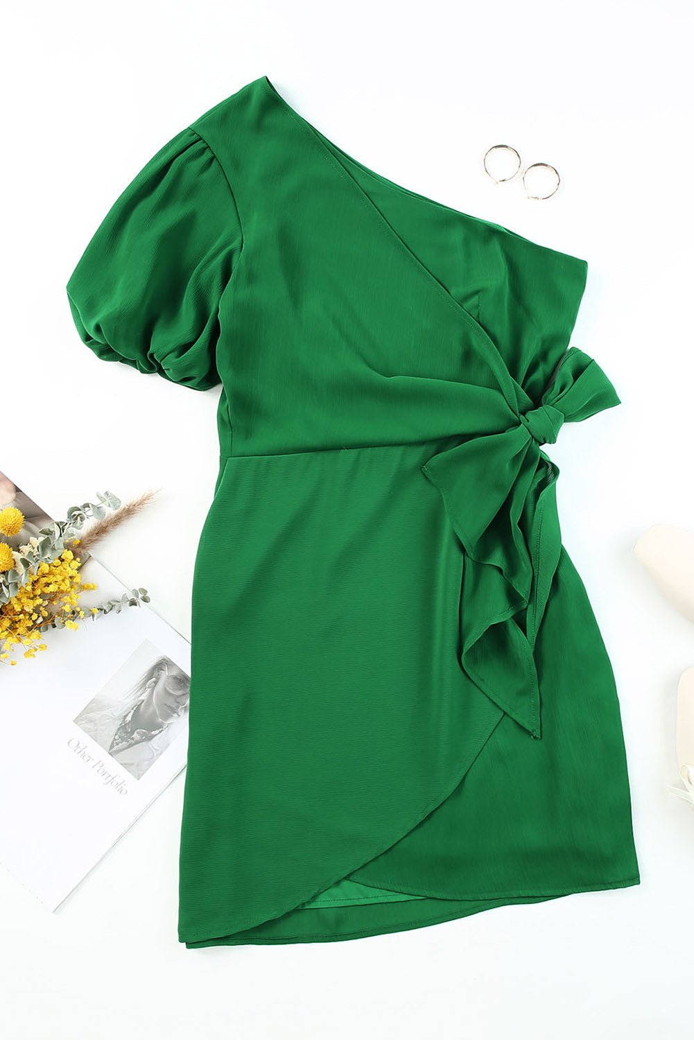 Tied One-Shoulder Puff Sleeve Dress