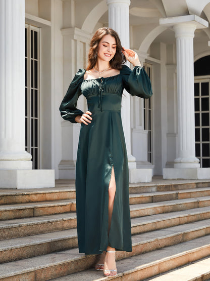 Square Neck Puff Sleeve High Slit Maxi Dress