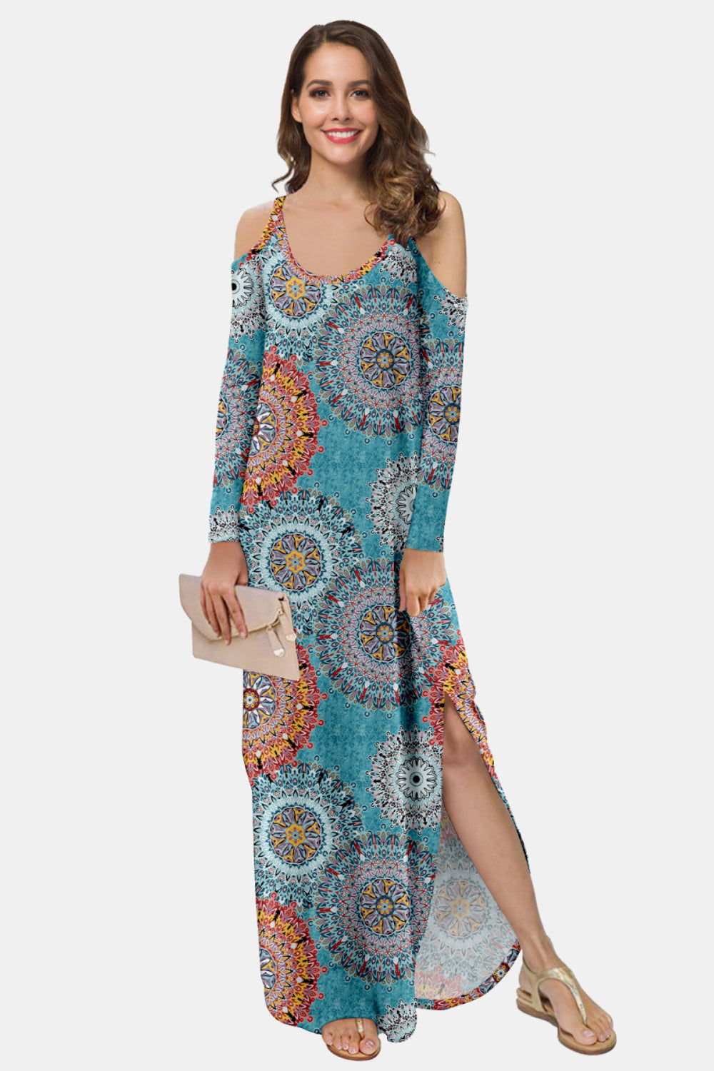 Printed Cold-Shoulder Slit Maxi Dress