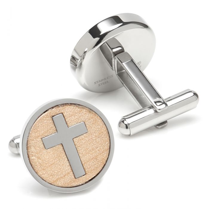 Cross Round Light Wood Stainless Steel Cufflinks