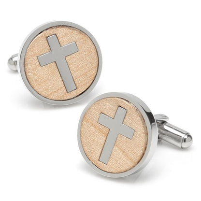 Cross Round Light Wood Stainless Steel Cufflinks