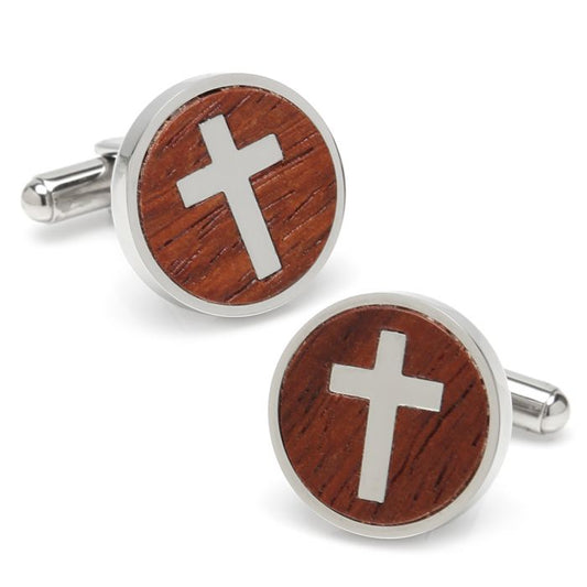 Cross Round Wood Stainless Steel Cufflinks