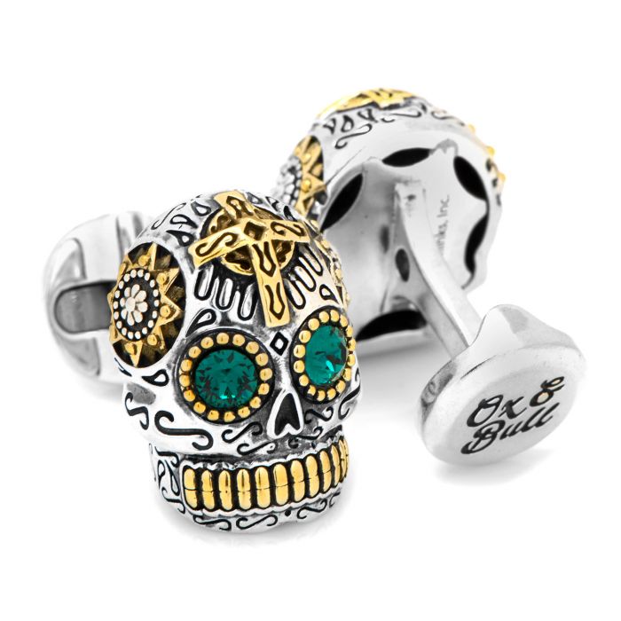 Sterling Silver and Gold Day of the Dead Skull Cufflinks